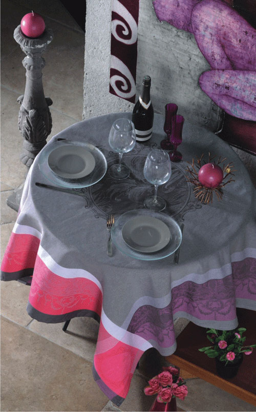French Jacquard Tablecloth Collection "Baroco" Taupe/Cranberry