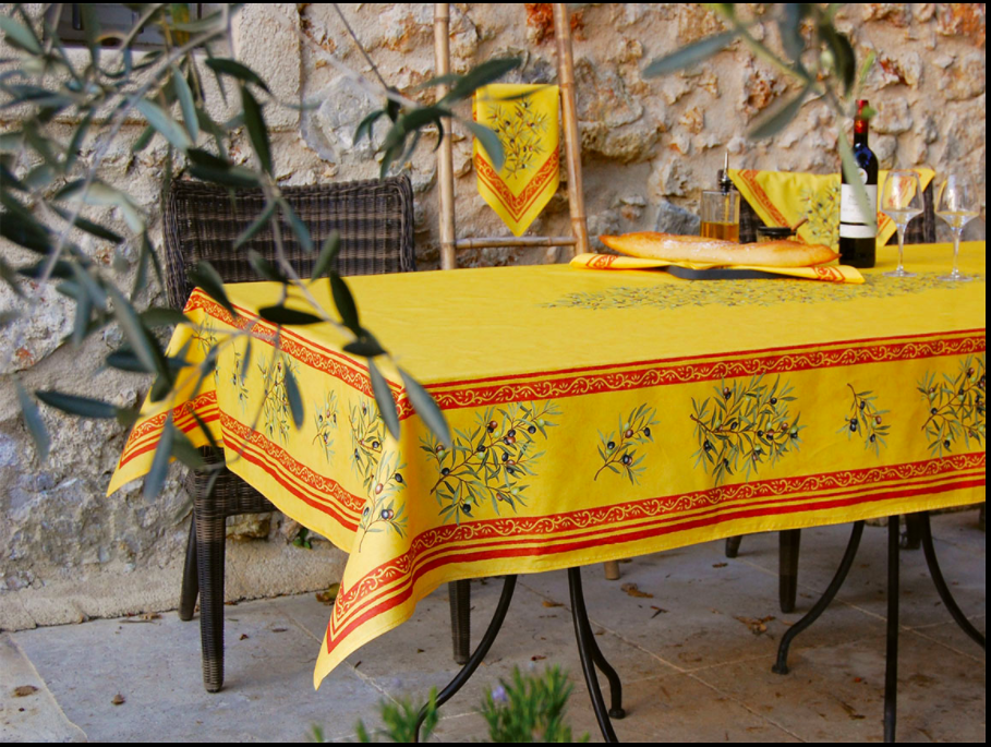 French Acrylic Coated Tablecloth Collection "Clos" Saffron: Olives Motif, Placed Pattern, Size 100" x 62", Seats 8 people, Price $144.95