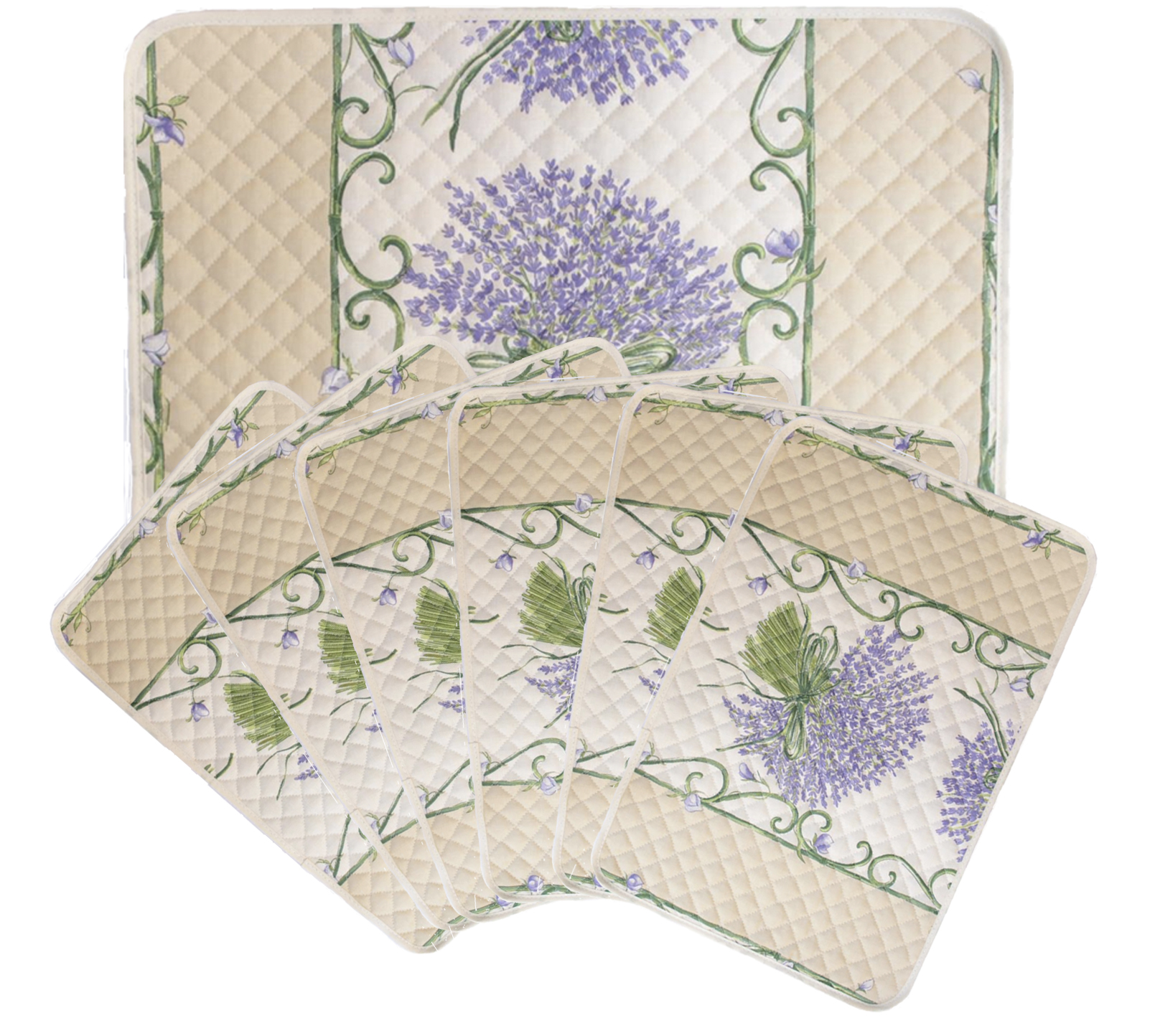 French Acrylic Coated Placemats Collection "Bouquet" Cream: Lavender Motif, Size 17" x 11", Price $94.95 for a Set of 6