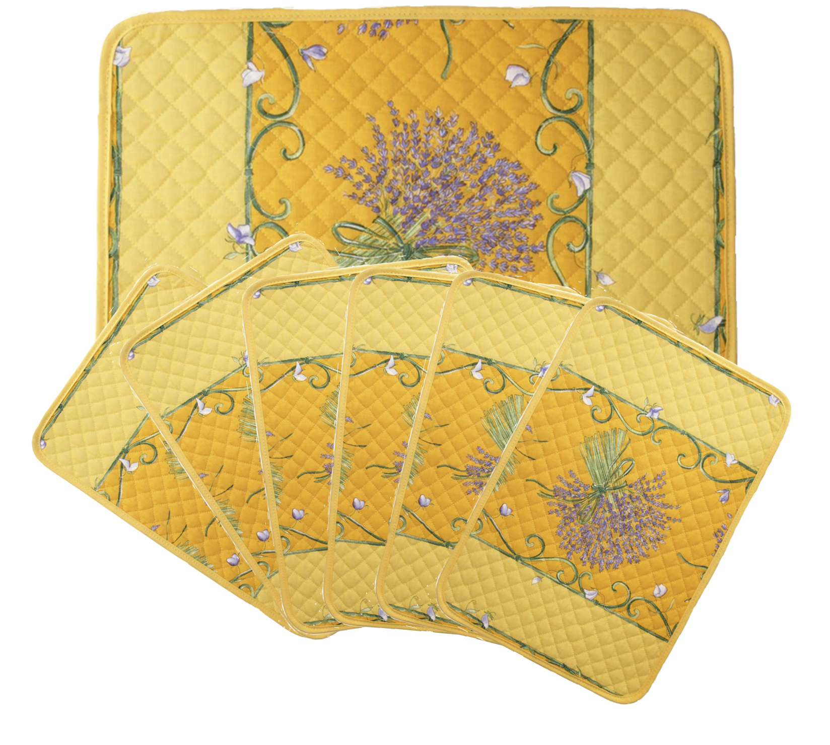 French Acrylic Coated Placemats Collection "Bouquet" Yellow: Lavender Motif, Size 17" x 11", Price $94.95 for a Set of 6