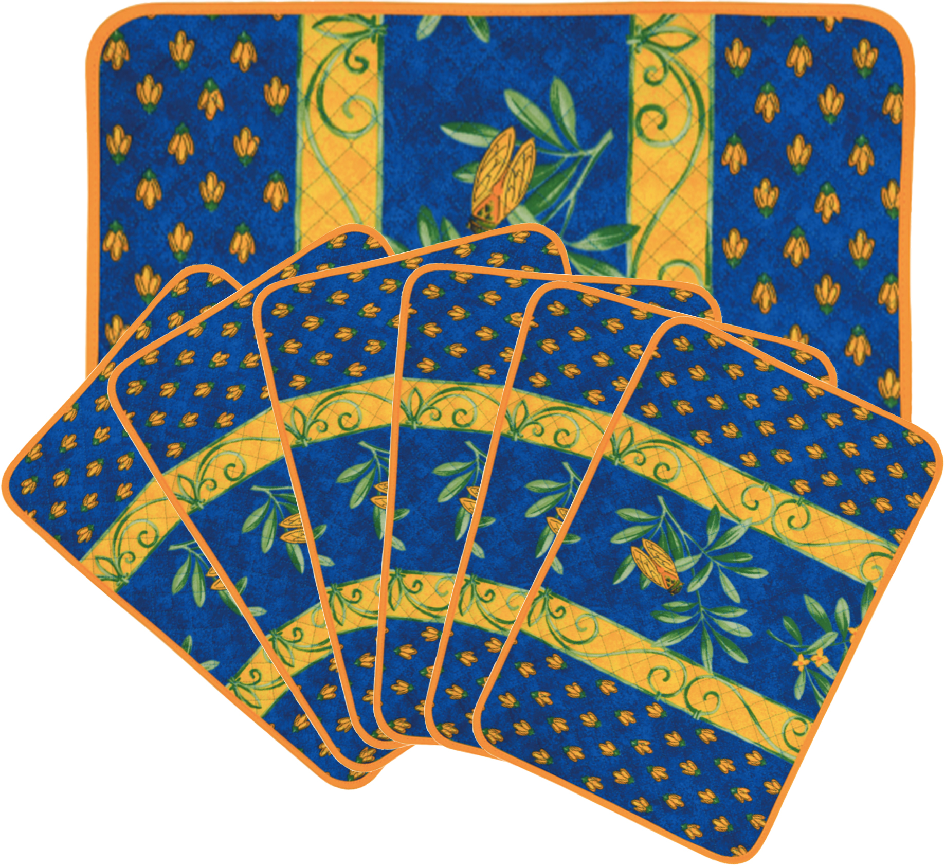 French Acrylic Coated Placemats Collection "Cigale": Olives & Cicadas Motif, Size 17" x 11", Price $94.95 for a Set of 6