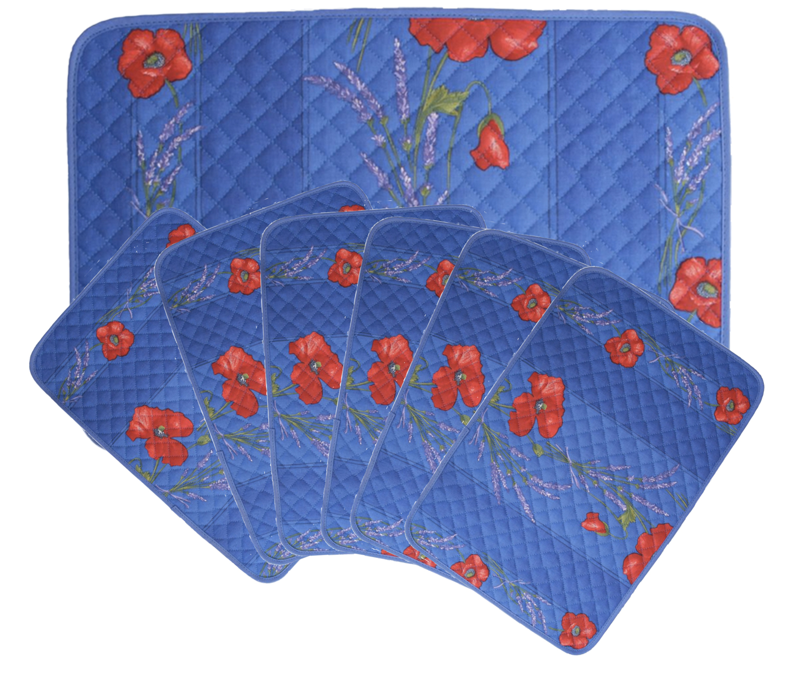French Acrylic Coated Placemats Collection "Coquelicot" Blue: Poppies & Lavender Motif, Size 17" x 11", Price $94.95 for a Set of 6