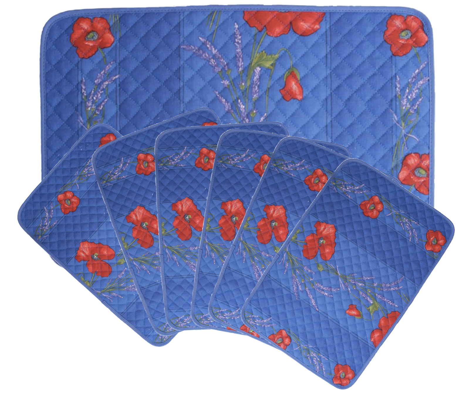 French Acrylic Coated Placemats Collection "Coquelicot" Blue: Poppies & Lavender Motif, Size 17" x 11", Price $94.95 for a Set of 6