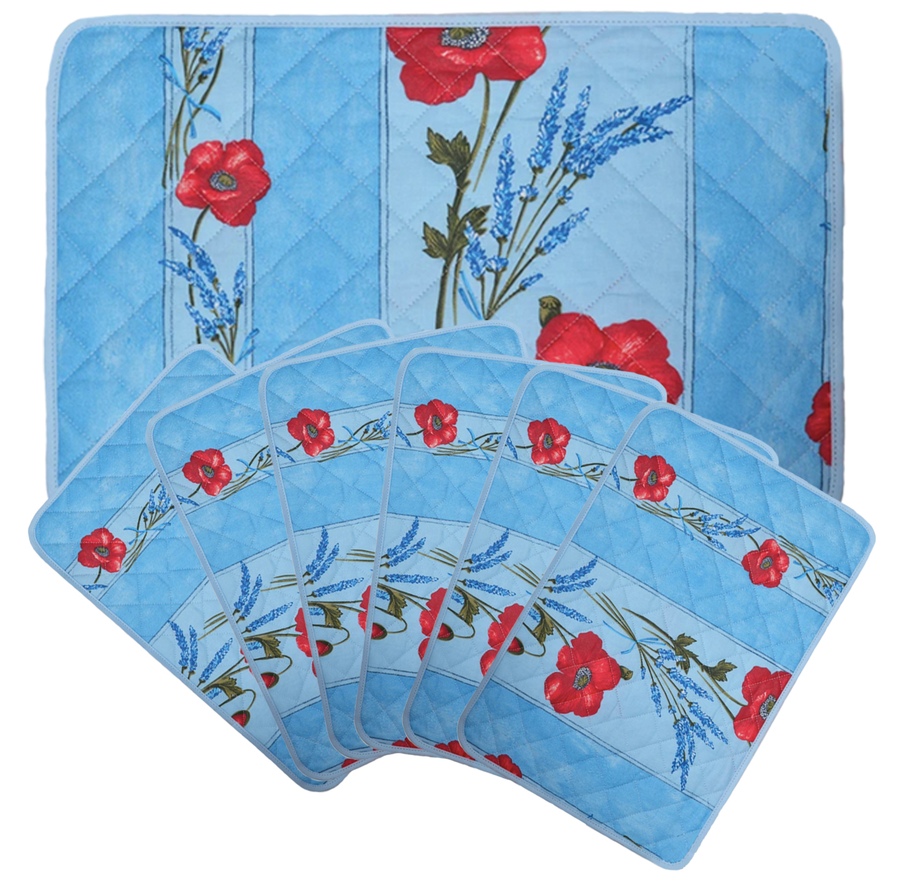 French Acrylic Coated Placemats Collection "Coquelicot" Light Blue: Poppies & Lavender Motif, Size 17" x 11", Price $94.95 for a Set of 6