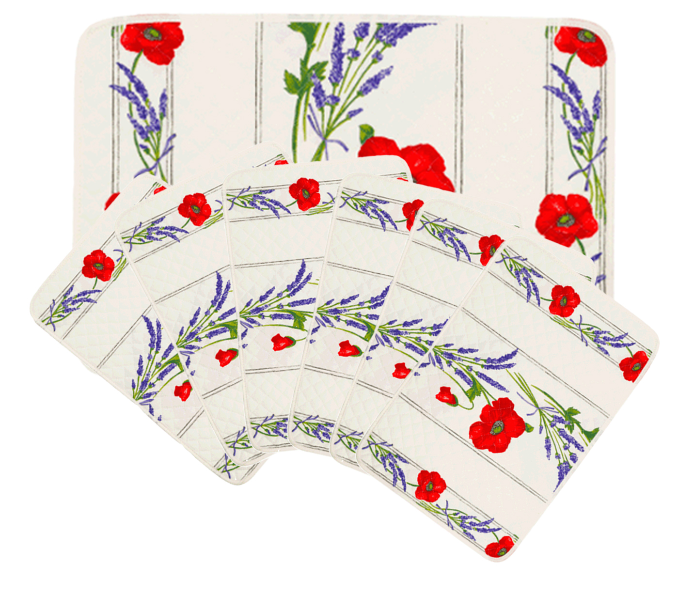 French Acrylic Coated Placemats Collection "Coquelicot" White: Poppies & Lavender Motif, Size 17" x 11", Price $94.95 for a Set of 6