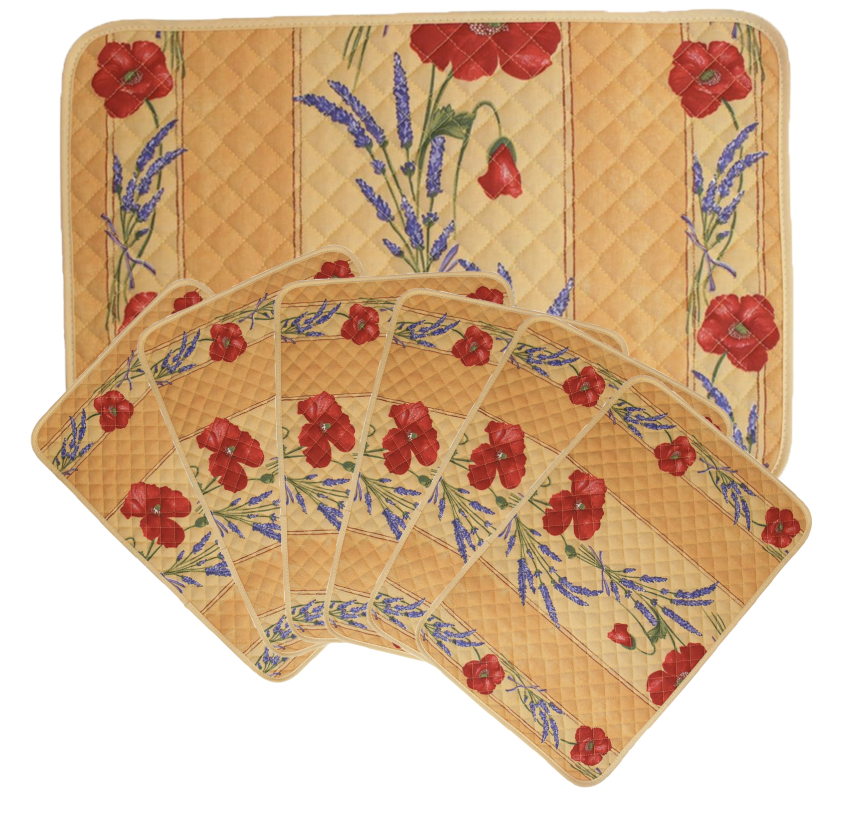 French Acrylic Coated Placemats Collection "Coquelicot" Yellow: Poppies & Lavender Motif, Size 17" x 11", Price $94.95 for a Set of 6