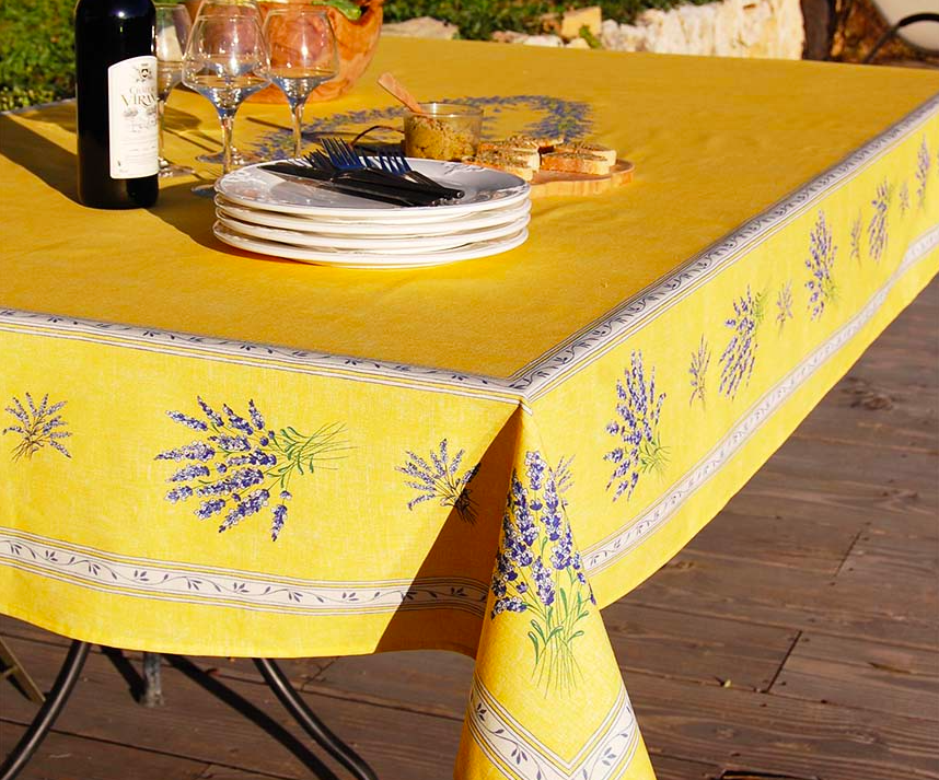 French Acrylic Coated Tablecloth Collection "Valencole" Yellow: Lavender Motif, Placed Pattern, 100" x 62", Seats 8 people, Price $144.95