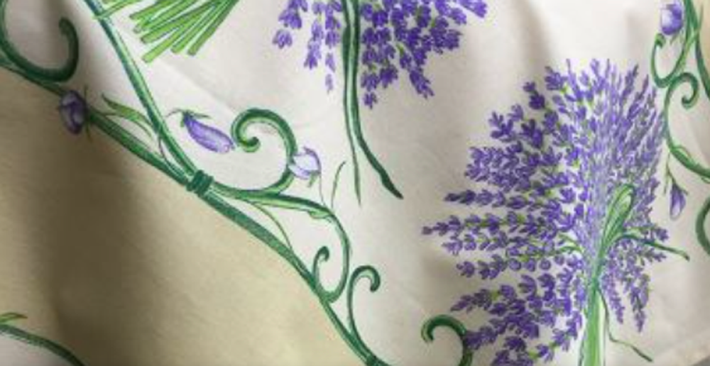 French Acrylic Coated Tablecloth Collection "Bouquet" Cream: Lavender Motif, Placed Pattern, Size 100" x 62", Seats 8 people, Price $144.95