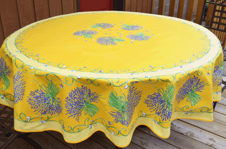 French Acrylic Coated Tablecloth Collection "Bouquet" Yellow: Lavender Motif, Placed Pattern, Round D.71", Seats 4 - 6 people, Price $114.95