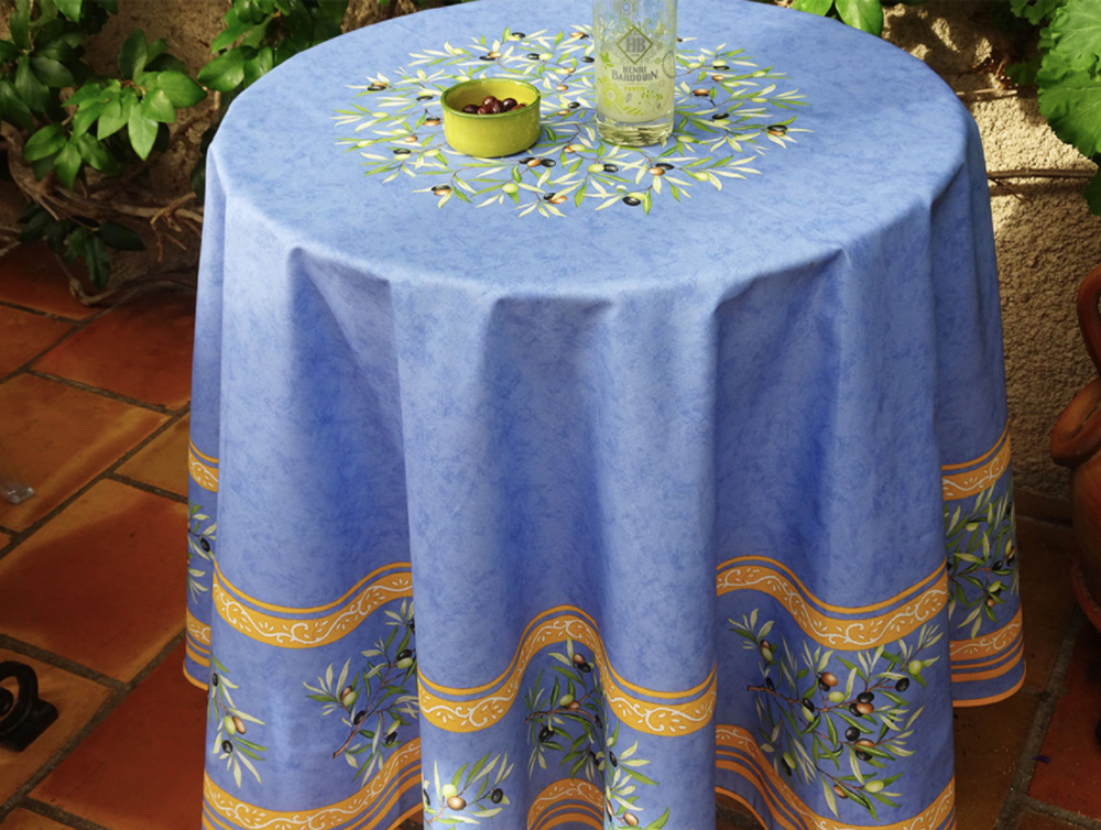 French Acrylic Coated Tablecloth Collection "Clos" Blue: Olives Motif, Placed Pattern, Round D.71", Seats 4 - 6 people, Price $114.95