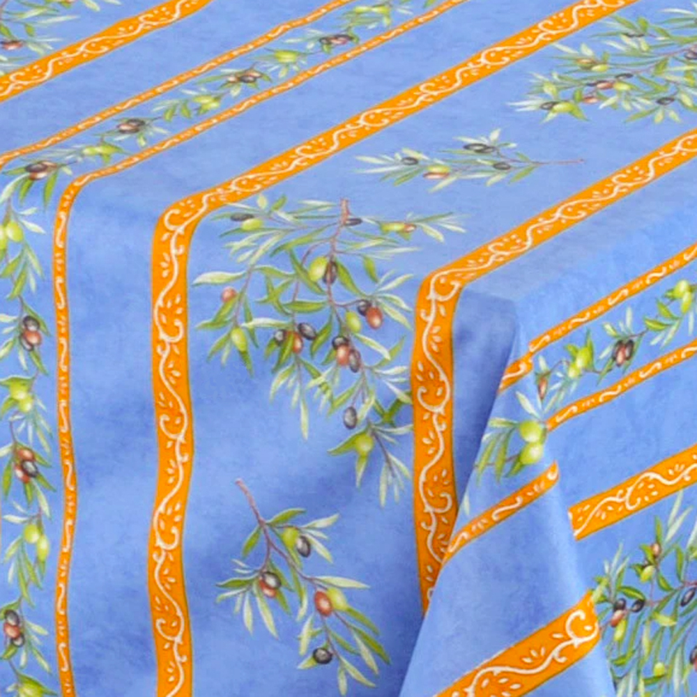 French Acrylic Coated Tablecloth Collection "Clos" Blue: Olives Motif, Stripes, Size 60" x 46", Seats 4 people, Price $64.95
