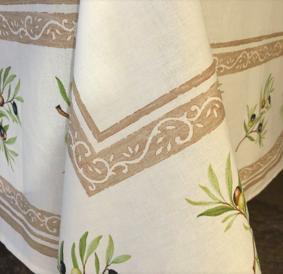 French Acrylic Coated Tablecloth Collection "Clos" Cream: Olives Motif, Placed Pattern, Size 100" x 62", Seats 8 people, Price $144.95