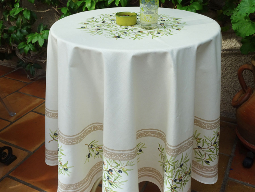 French Acrylic Coated Tablecloth Collection "Clos" Cream: Olives Motif, Placed Pattern, Round D.71", Seats 4 - 6 people, Price $114.95