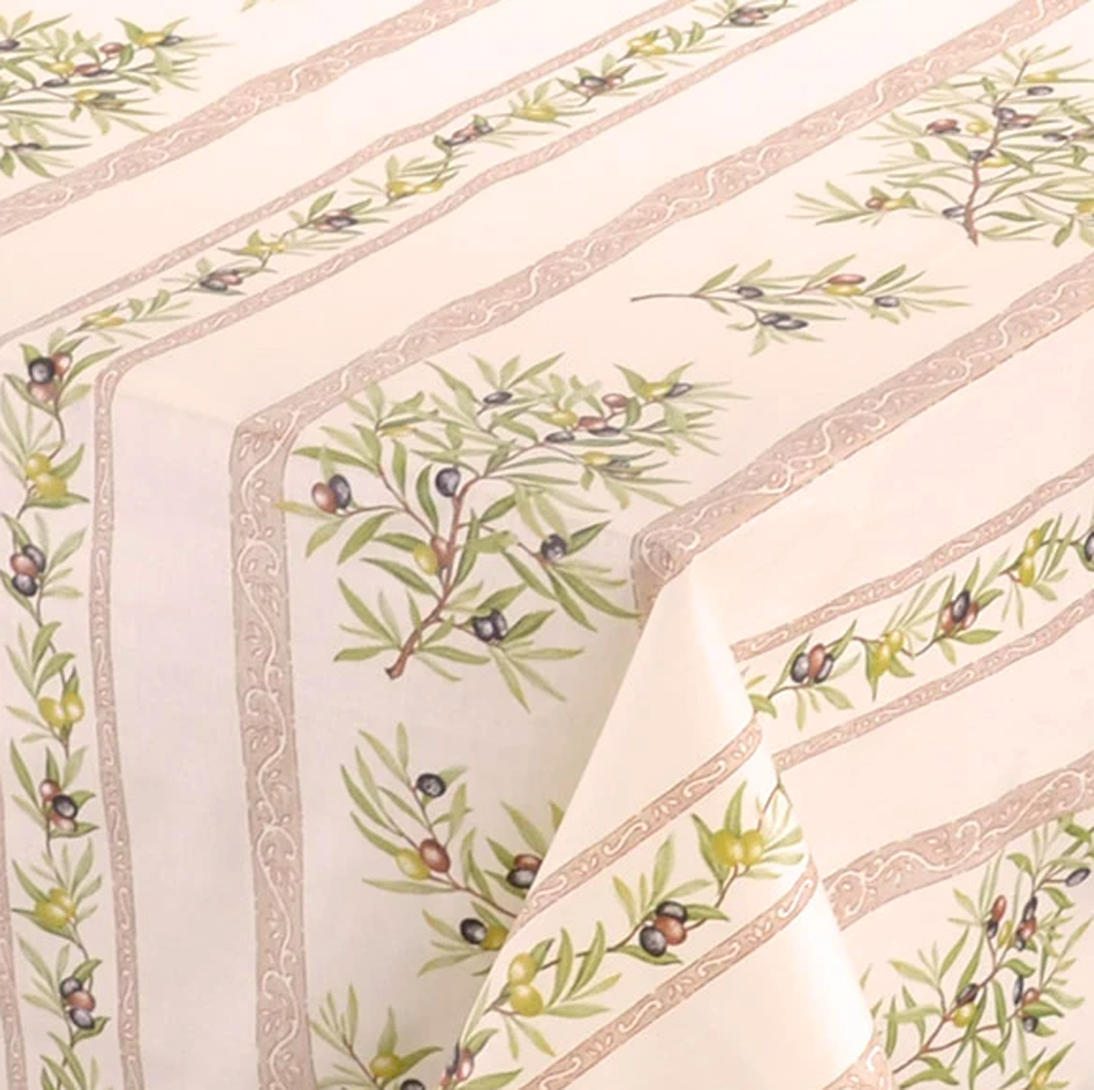 French Acrylic Coated Tablecloth Collection "Clos" Cream: Olives Motif, Stripes, Size 60" x 46", Seats 4 people, Price $64.95