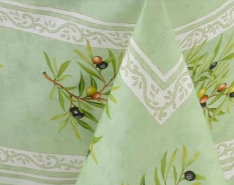 French Acrylic Coated Tablecloth Collection "Clos" Green: Olives Motif, Placed Pattern, Size 100" x 62", Seats 8 people, Price $144.95