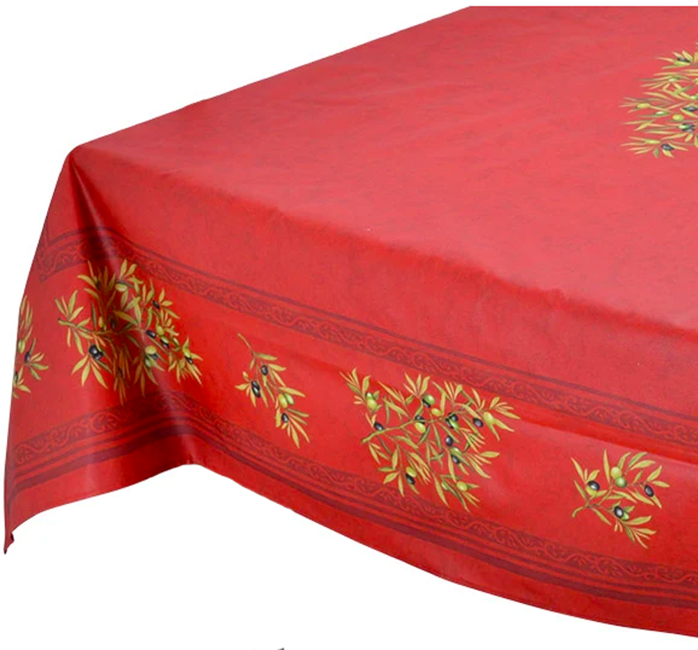 French Acrylic Coated Tablecloth Collection "Clos" Red: Olives Motif, Placed Pattern, Size 100" x 62", Seats 8 people, Price $144.95