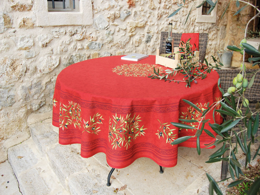 French Acrylic Coated Tablecloth Collection "Clos" Red: Olives Motif, Placed Pattern, Round D.71", Seats 4 - 6 people, Price $114.95