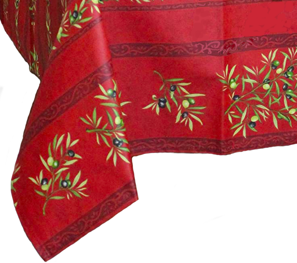 French Acrylic Coated Tablecloth Collection "Clos" Red: Olives Motif, Stripes, Size 76" x 60", Seats 6 people, Price $94.95