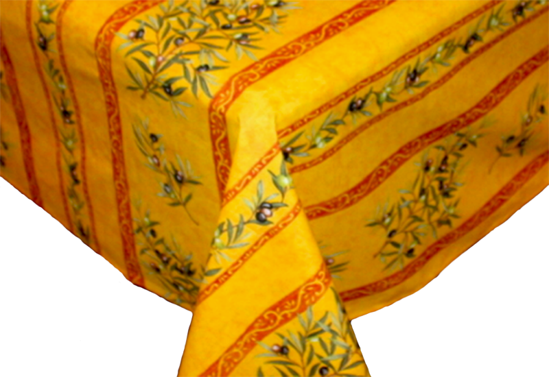 French Acrylic Coated Tablecloth Collection "Clos" Saffron: Olives Motif, Stripes, Size 60" x 46", Seats 4 people, Price $64.95