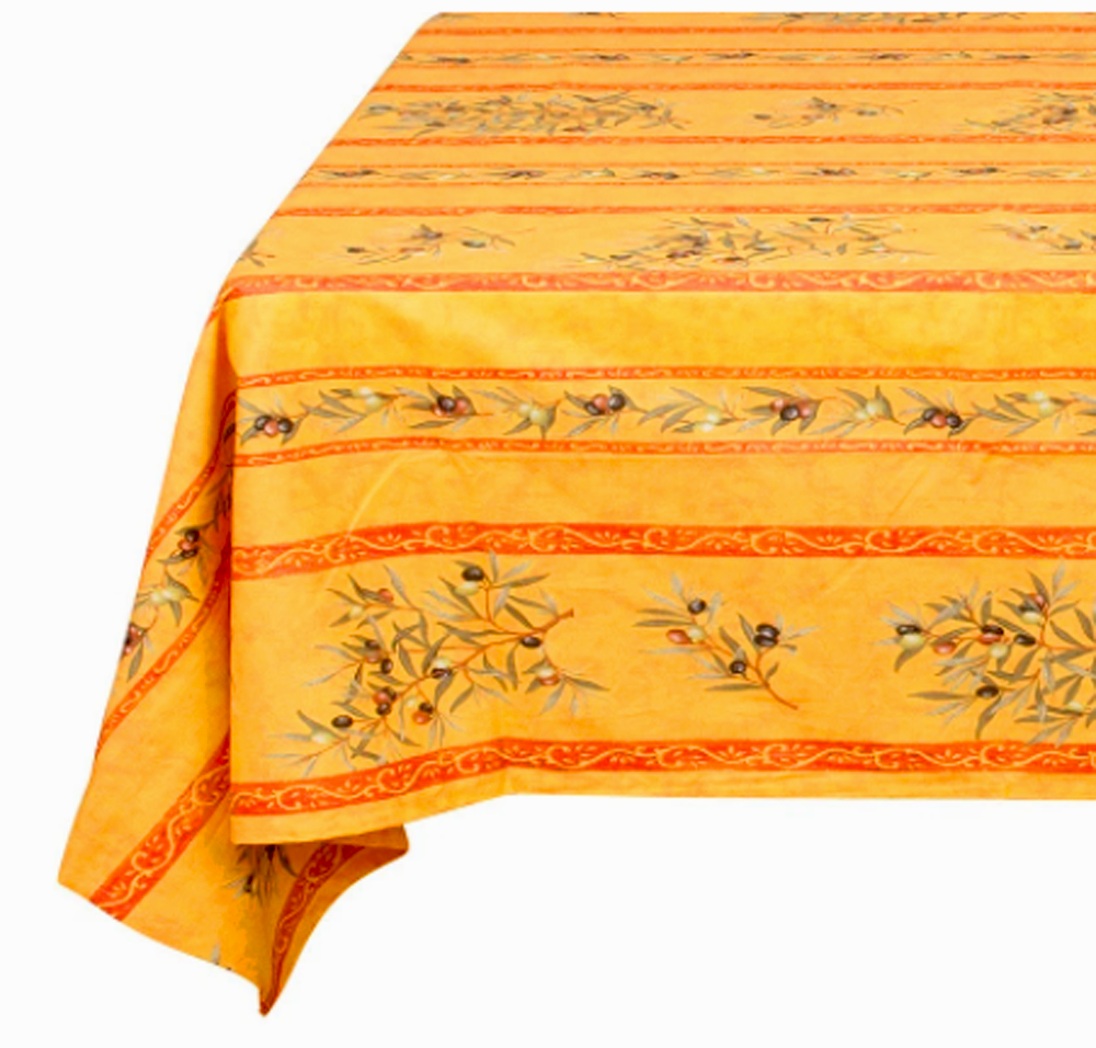 French Acrylic Coated Tablecloth Collection "Clos" Saffron: Olives Motif, Stripes, Size 76" x 60", Seats 6 people, Price $94.95