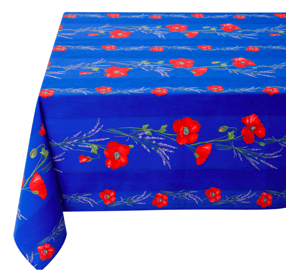 French Acrylic Coated Tablecloth Collection "Coquelicot" Blue: Poppy Motif, Stripes, Size 76" x 60", Seats 6 people, Price $94.95