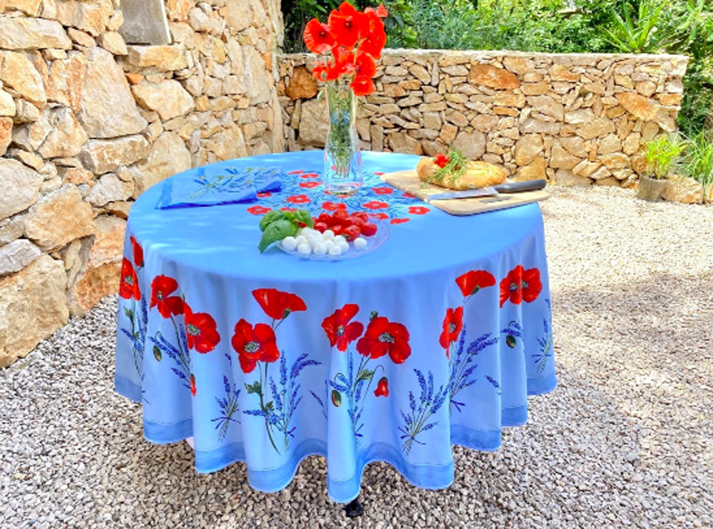 French Acrylic Coated Tablecloth Collection "Coquelicot" Light Blue: Poppy Motif, Placed Pattern, Round D.71", Seats 4 - 6 people, Price $114.95