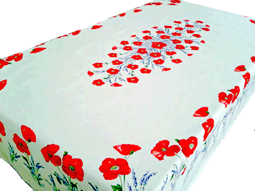 French Acrylic Coated Tablecloth Collection "Coquelicot" White: Poppy Motif, Placed Pattern, Size 100" x 62", Seats 8 people, Price $144.95