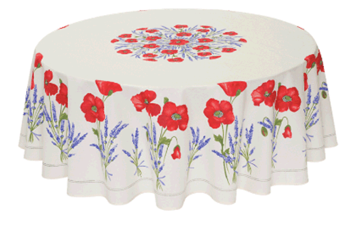 French Acrylic Coated Tablecloth Collection "Coquelicot" White: Poppy Motif, Placed Pattern, Round D.71", Seats 4 - 6 people, Price $114.95