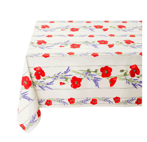 French Acrylic Coated Tablecloth Collection "Coquelicot" White: Poppy Motif, Stripes, Size 60" x 46", Seats 4 people, Price $64.95