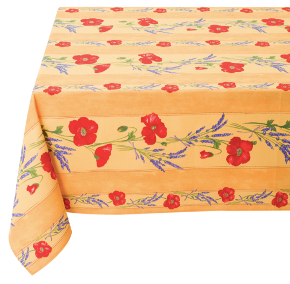 French Acrylic Coated Tablecloth Collection "Coquelicot" Yellow: Poppy Motif, Stripes, Size 76" x 60", Seats 6 people, Price $94.95