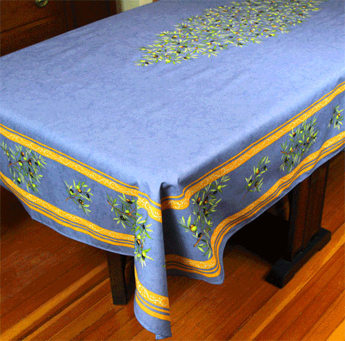 French Acrylic Coated Tablecloth Collection "Clos" Blue: Olives Motif, Placed Pattern, Size 100" x 62", Seats 8 people, Price $144.95
