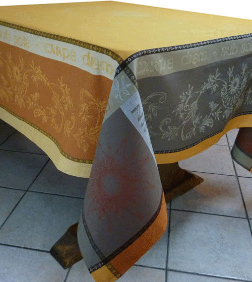 French Jacquard Tablecloth Collection "Carpe Diem" Yellow/Taupe 