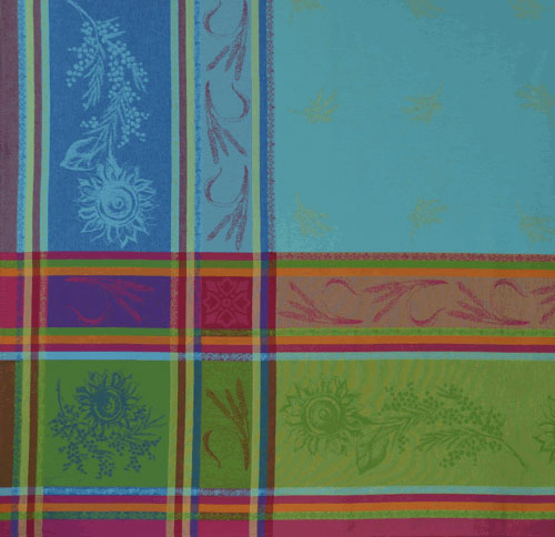 French Jacquard Tablecloth Collection "Cezanne" Turquoise (corner shown)