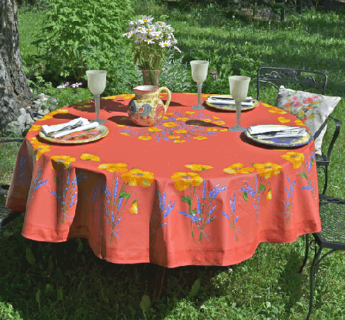 French Coated Round Tablecloth Collection "Coquelicot" Red