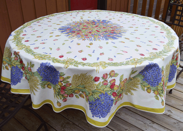 French Acrylic Coated Tablecloth Collection "Roses": Roses & Lavender Motif, Placed Pattern, Round D.71", Seats 4 - 6 people, Price $114.95