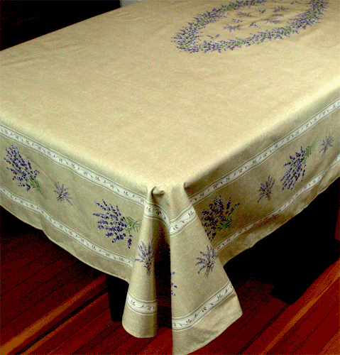 French Acrylic Coated Tablecloth Collection "Valencole" Linen: Lavender Motif, Placed Pattern, 100" x 62", Seats 8 people, Price $144.95