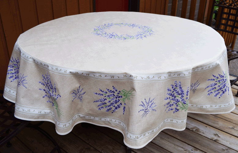 French Acrylic Coated Tablecloth Collection "Valencole" Linen: Lavender Motif, Placed Pattern, Round D.71", Seats 4 - 6 people, Price $114.95