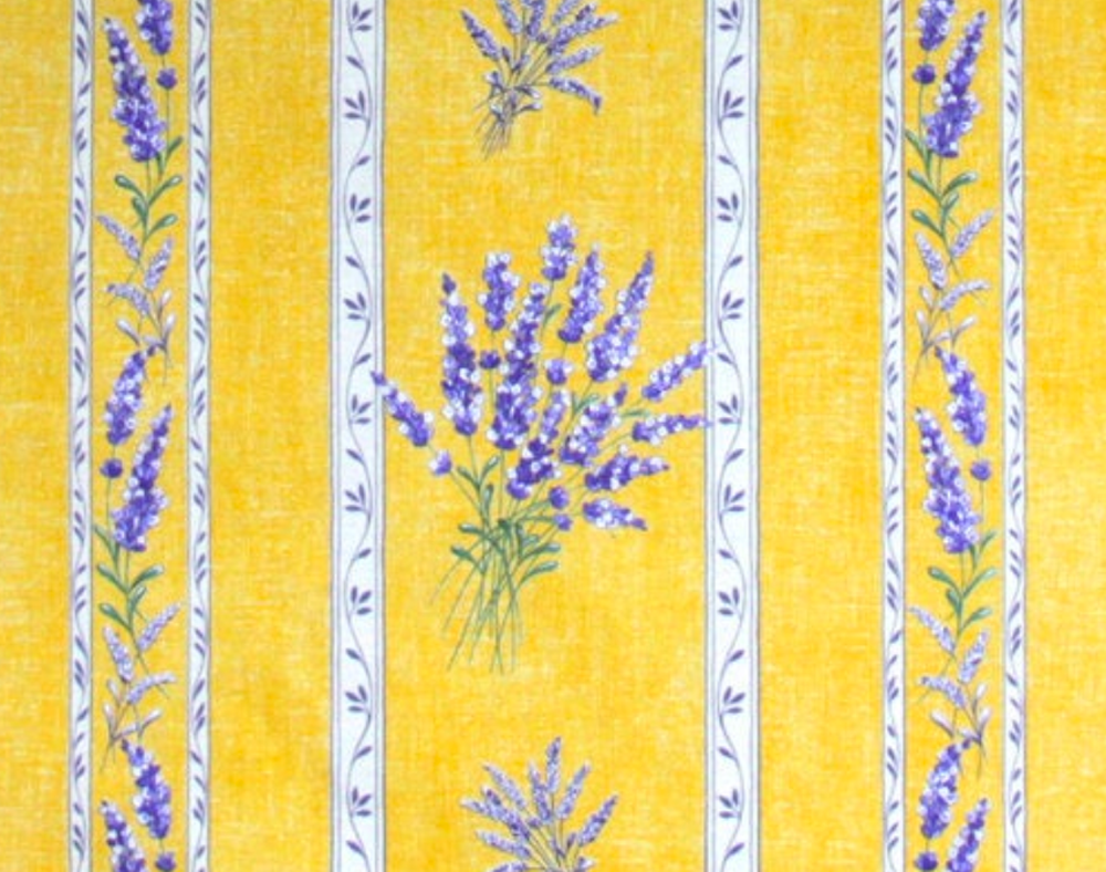 French Acrylic Coated Tablecloth Collection "Valencole" Yellow: Lavender Motif, Size 76" x 60", Seats 6 people, Price $94.95
